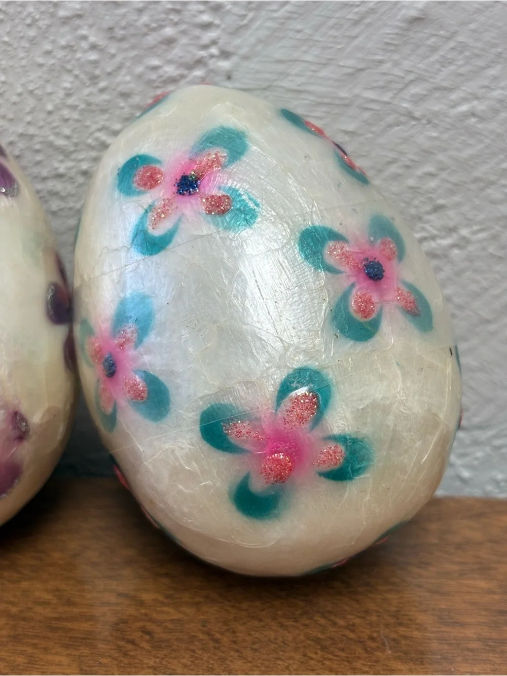 Vintage Pier 1 Imports Capiz Shell Floral Easter Eggs Set of 3 Handcrafted